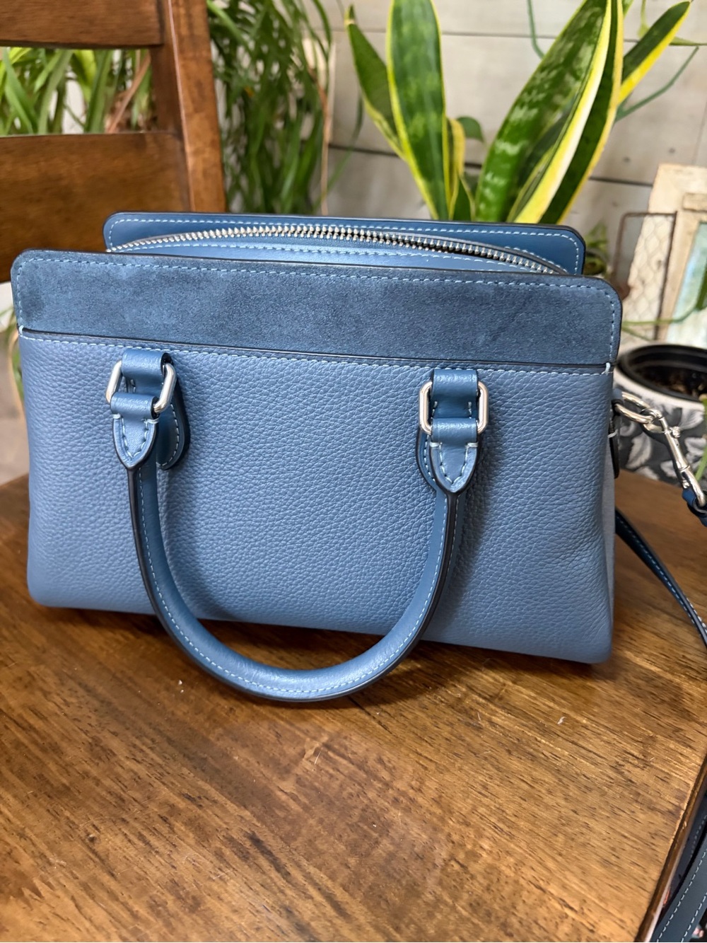 Coach Slate Blue Pebble Leather Satchel with Crossbody Strap - Picture 2 of 8